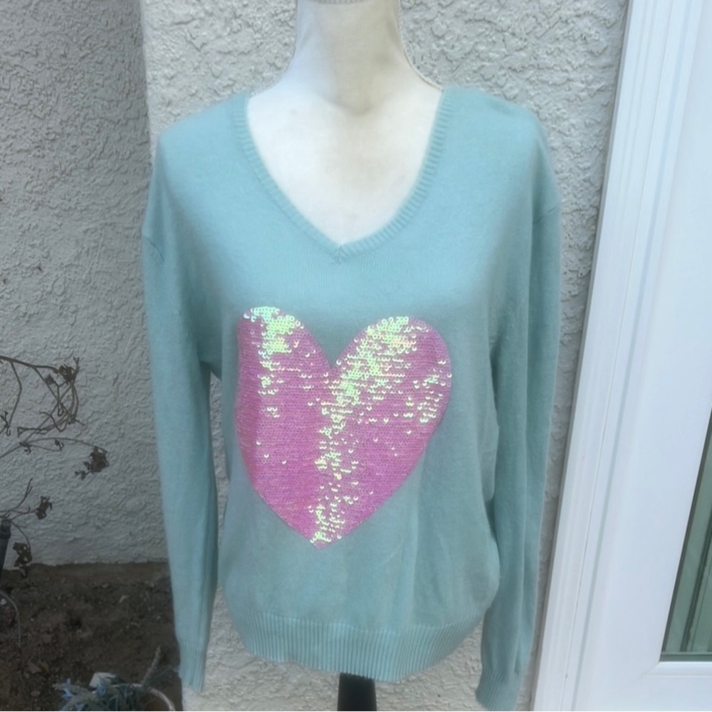 Wildfox White Label Green with Pink Sequin Heart Angora Blend Sweater Womens S